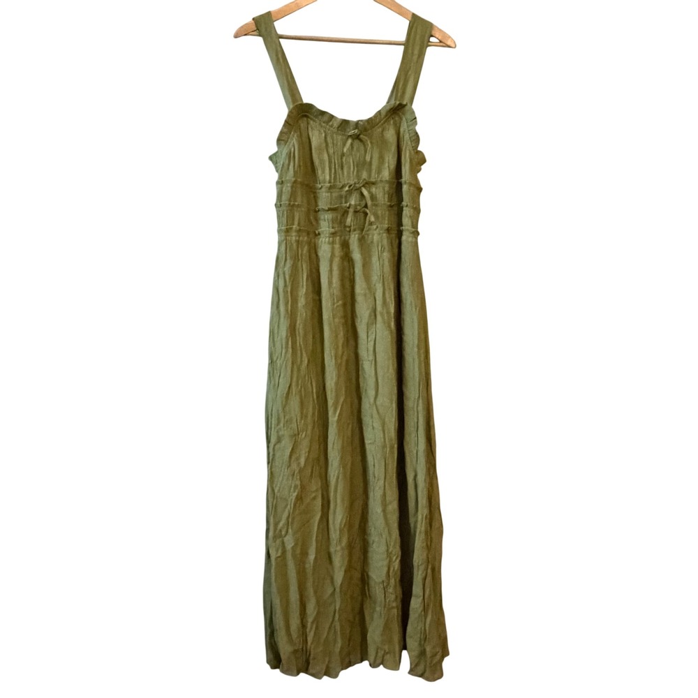 Blu Pepper Womens Olive Green Crinkle Smocked Maxi Dress Ruffle Bow CR2607 Large
